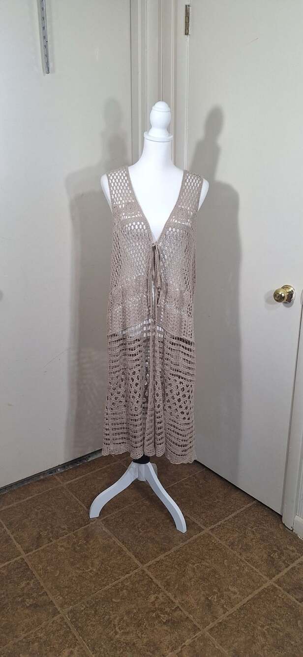 Est 1946 XL Beige Crochet Knit Duster Cardigan Long Front Tie Boho Beach Vest